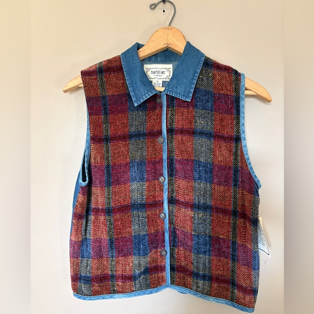 Vintage TANTRUMS 90s button-up vest plaid tapestry chambray NWT sz M cottagecore